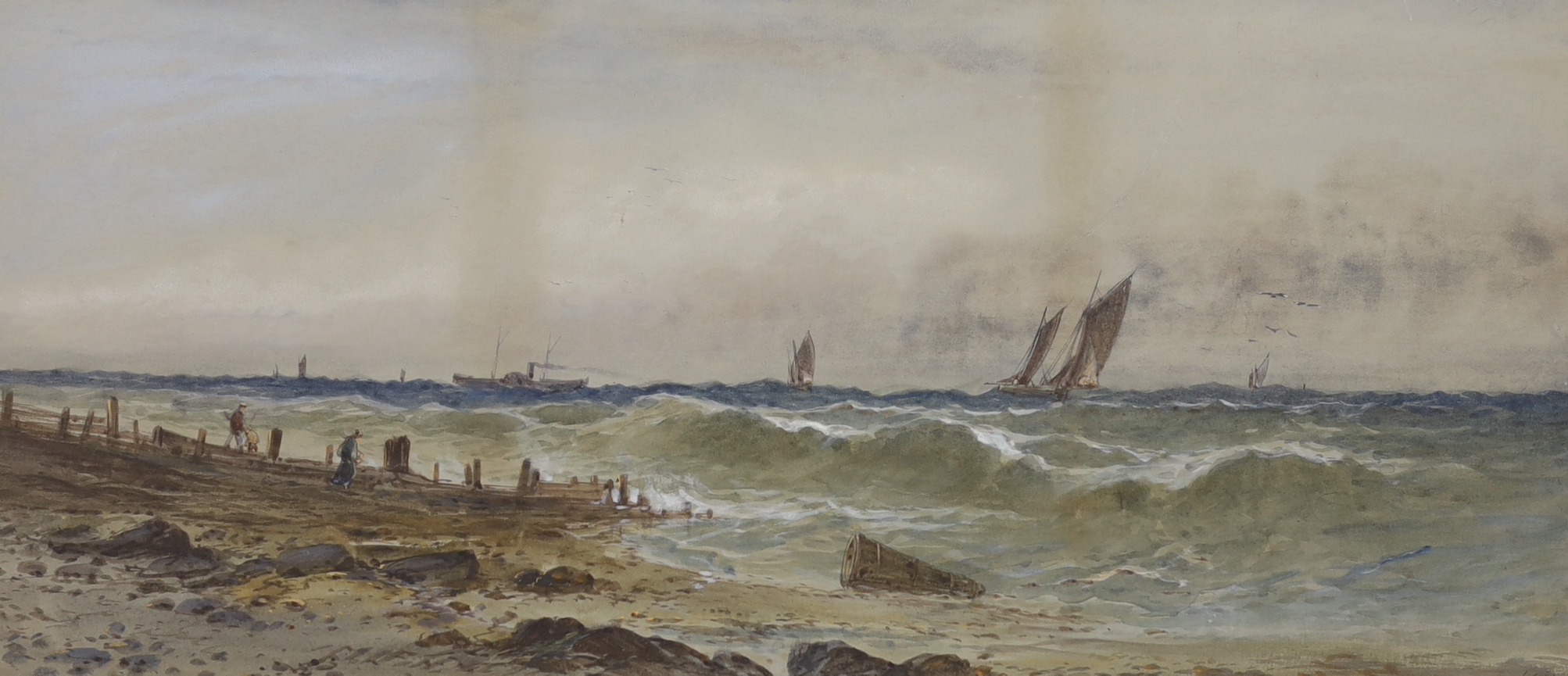 William Henry Earp (c.1900), watercolour, Fishing boats along the coast, signed, 24 x 53cm